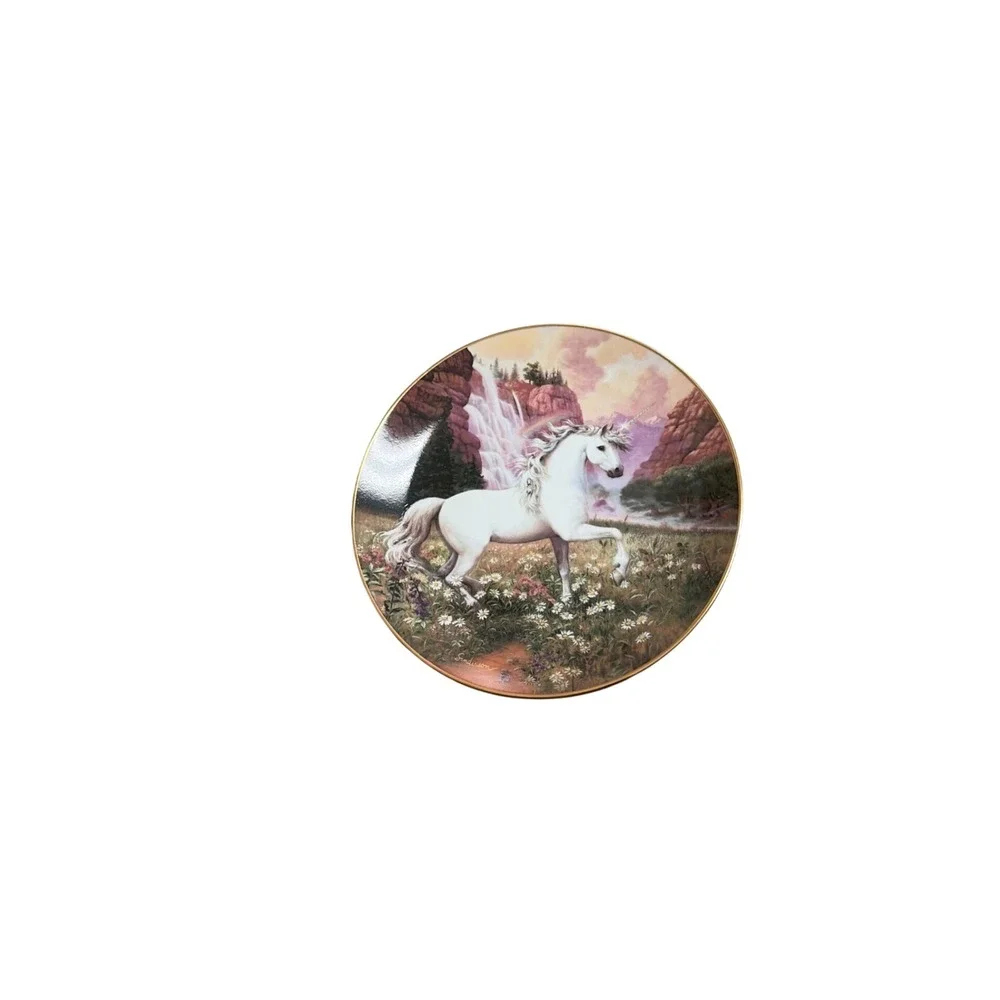 Vintage Ruth Sanderson Unicorn Collector Plate Set of 3 Fantasy Decor Gold Rim